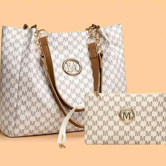 Macy's White and Brown Tote Bag Set - Picture 1 of 8